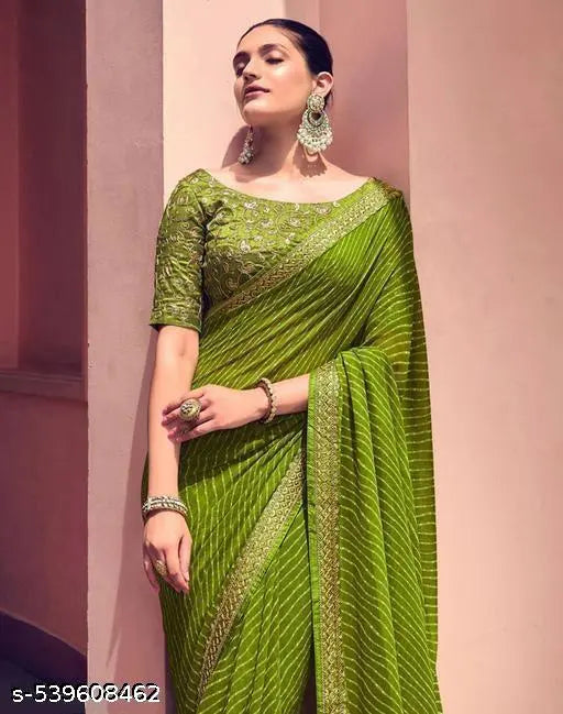 Bandhani Printed saree with Banarasi Lace Border and with unstitched blouse piece New Arrival Latest Georgette Printed Saree Fancy Women's Designer Saree Trending Saree Bollywood Saree daily use saree, fancy saree, naye design of saree nai design of saree