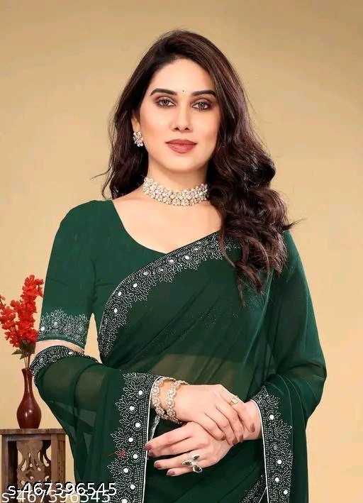 Women's Georgette Handloom Diamond Work Saree with Separate Blouse Piece