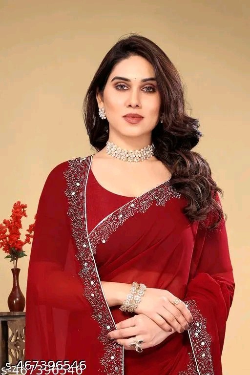 Women's Georgette Handloom Diamond Work Saree with Separate Blouse Piece