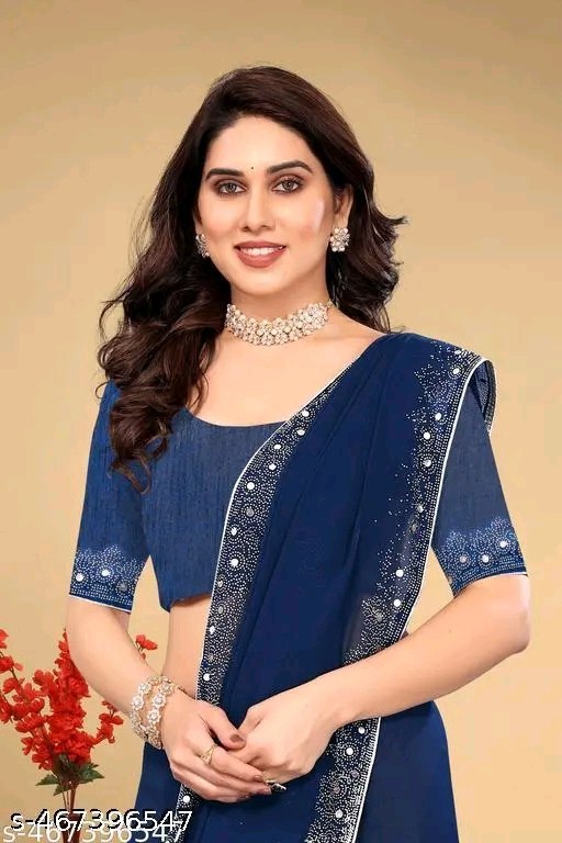 Women's Georgette Handloom Diamond Work Saree with Separate Blouse Piece
