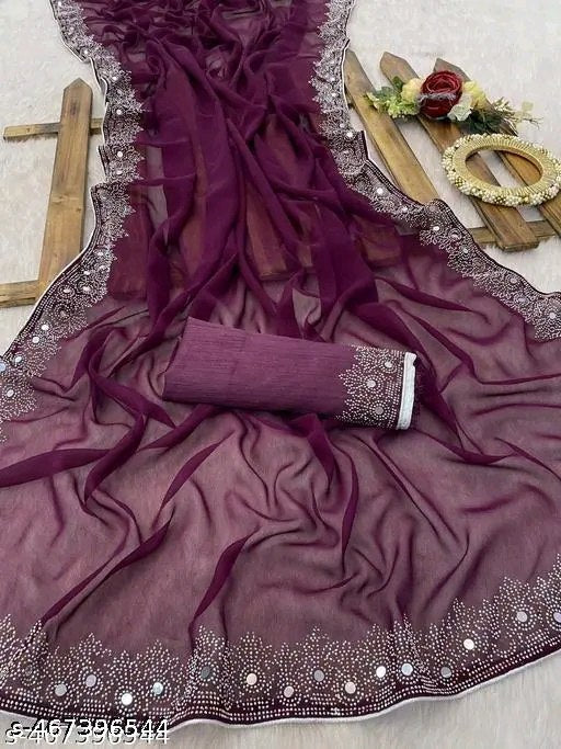 Women's Georgette Handloom Diamond Work Saree with Separate Blouse Piece