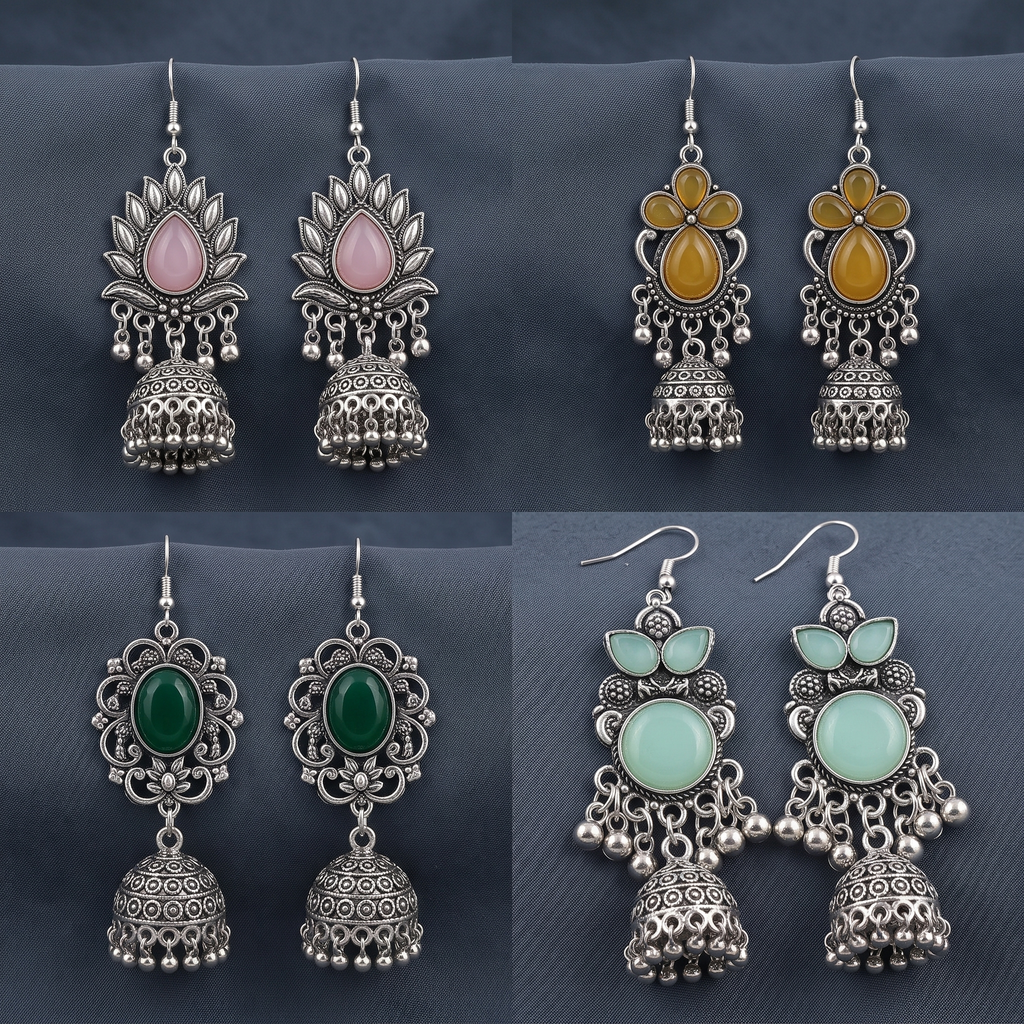 Silver jhumkas (Pack of 4)