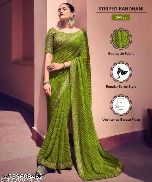 Bandhani Printed saree with Banarasi Lace Border and with unstitched blouse piece New Arrival Latest Georgette Printed Saree Fancy Women's Designer Saree Trending Saree Bollywood Saree daily use saree, fancy saree, naye design of saree nai design of saree